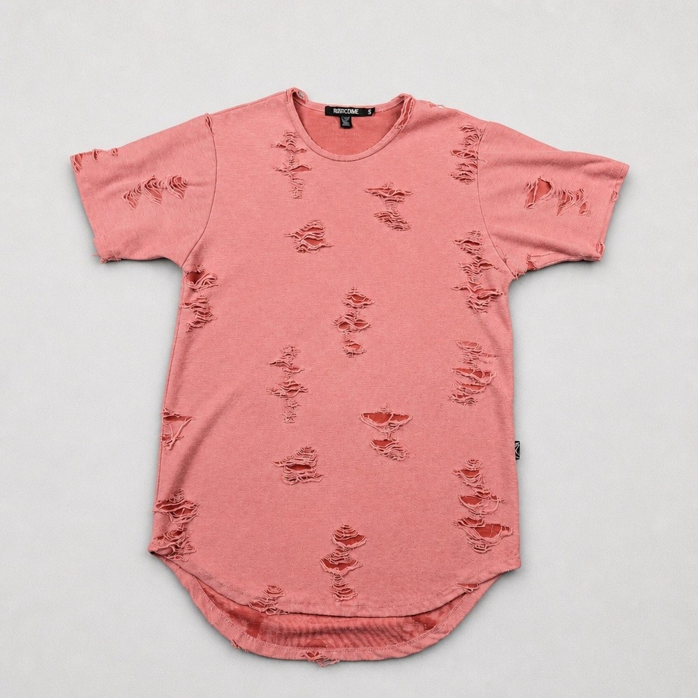 Rustic Dime Womens Small Pink Distressed Short Sleeve Curved Hem T-Shirt USA